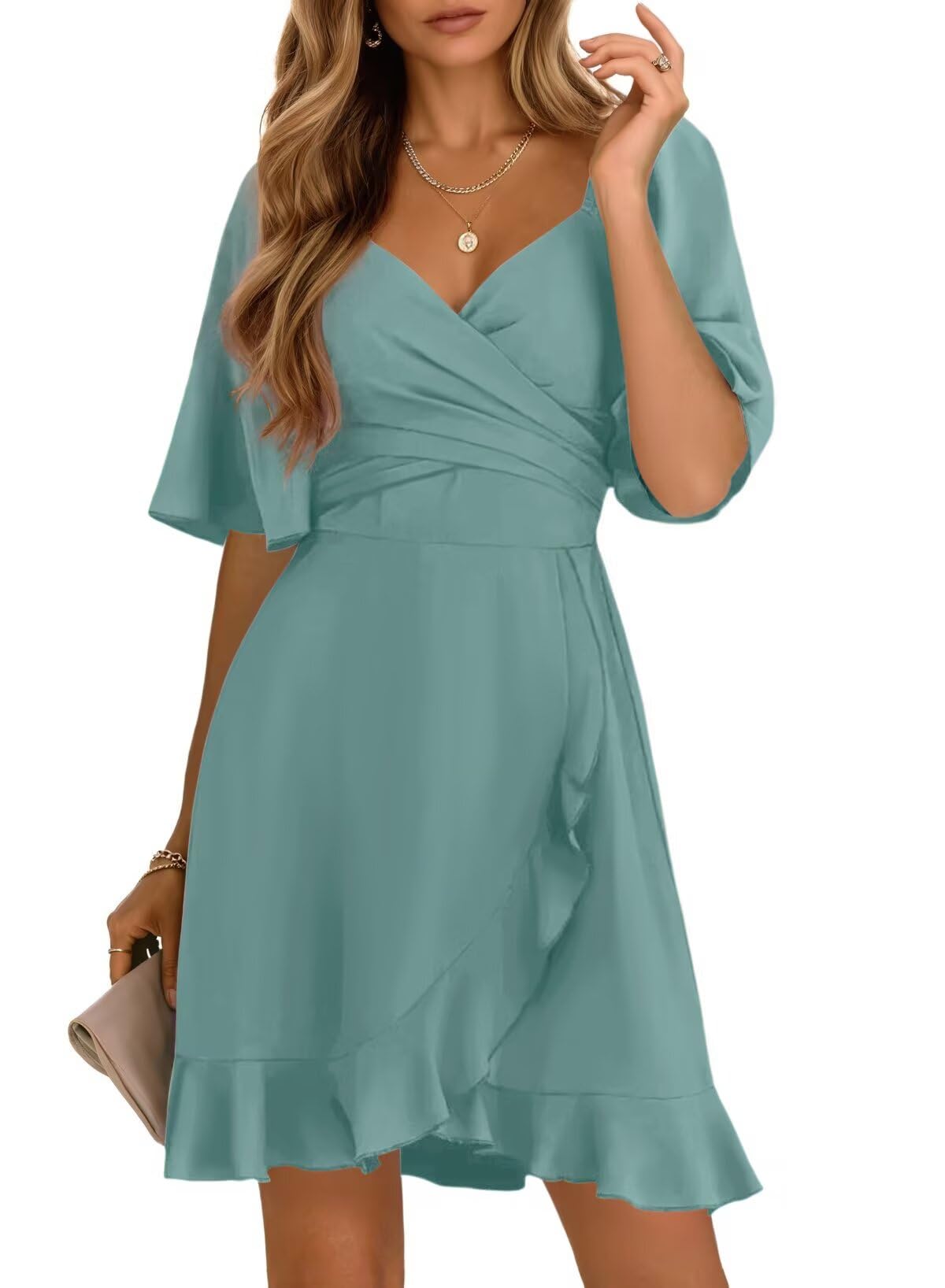 Dokotoo Women's Wrap V Neck Short Flared Sleeve Wedding Guest Dress Smocked Elastic Waist Tiered Belted Ruffle Hem Mini Dress