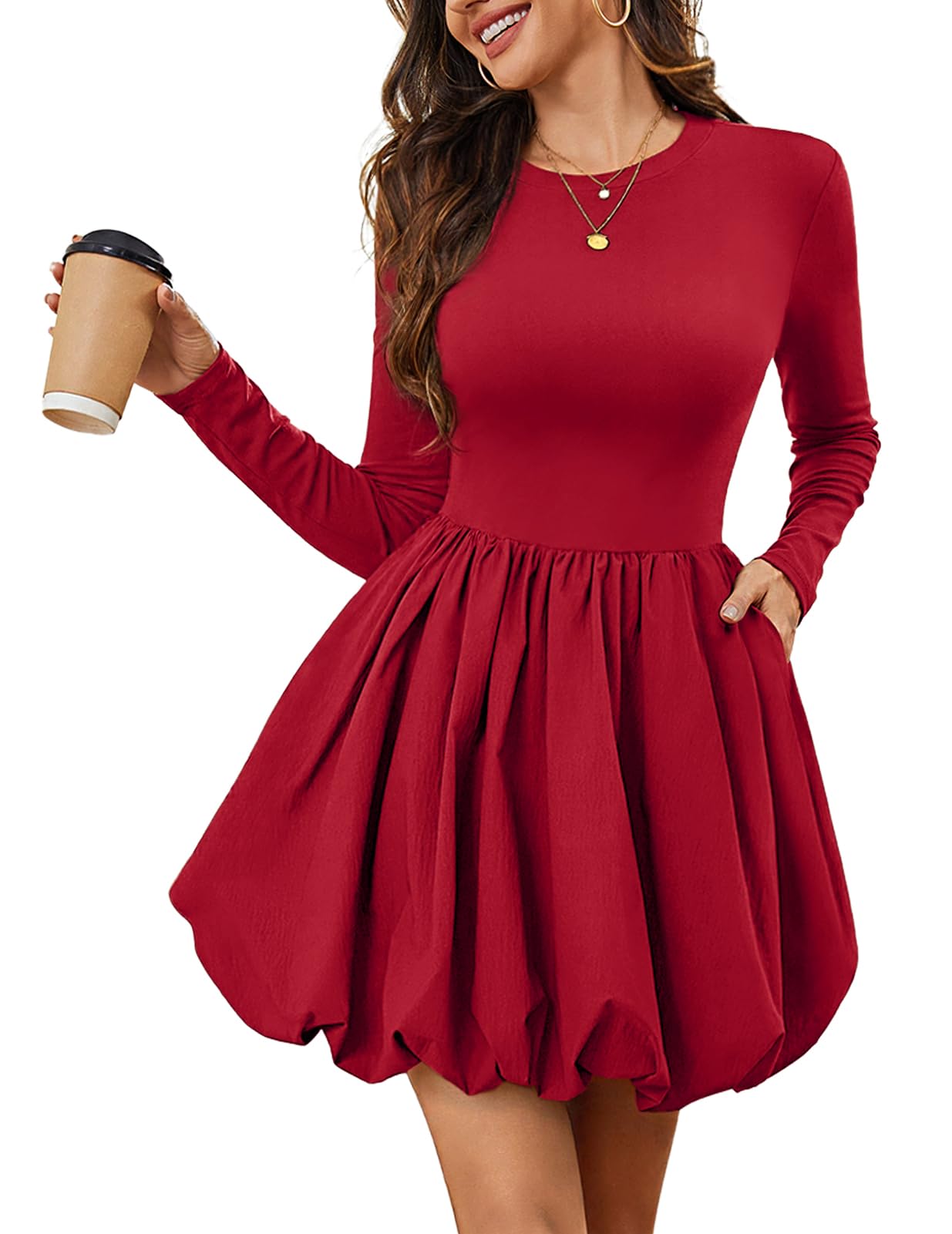 Meetjen Women's Long Sleeve Bubble Dress Short Fall Crew Neck High Waist Mini Cocktail Party Dresses with Pockets