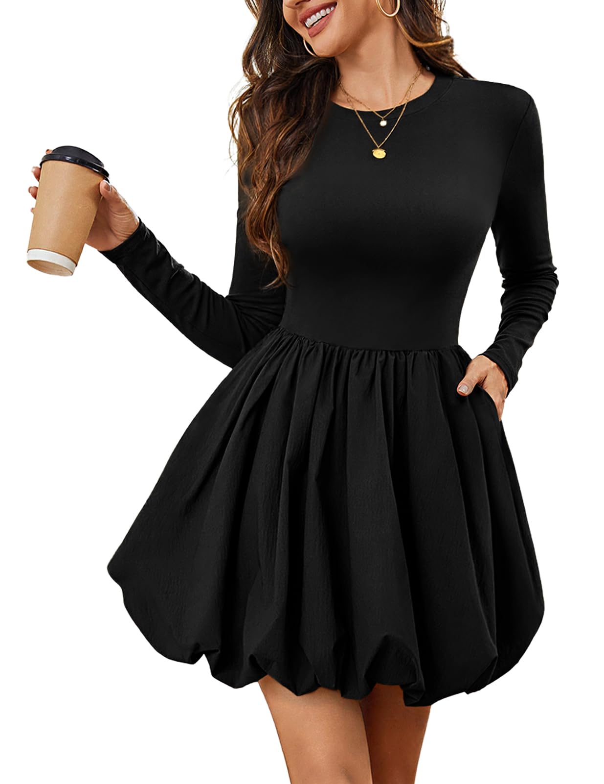 Meetjen Women's Long Sleeve Bubble Dress Short Fall Crew Neck High Waist Mini Cocktail Party Dresses with Pockets
