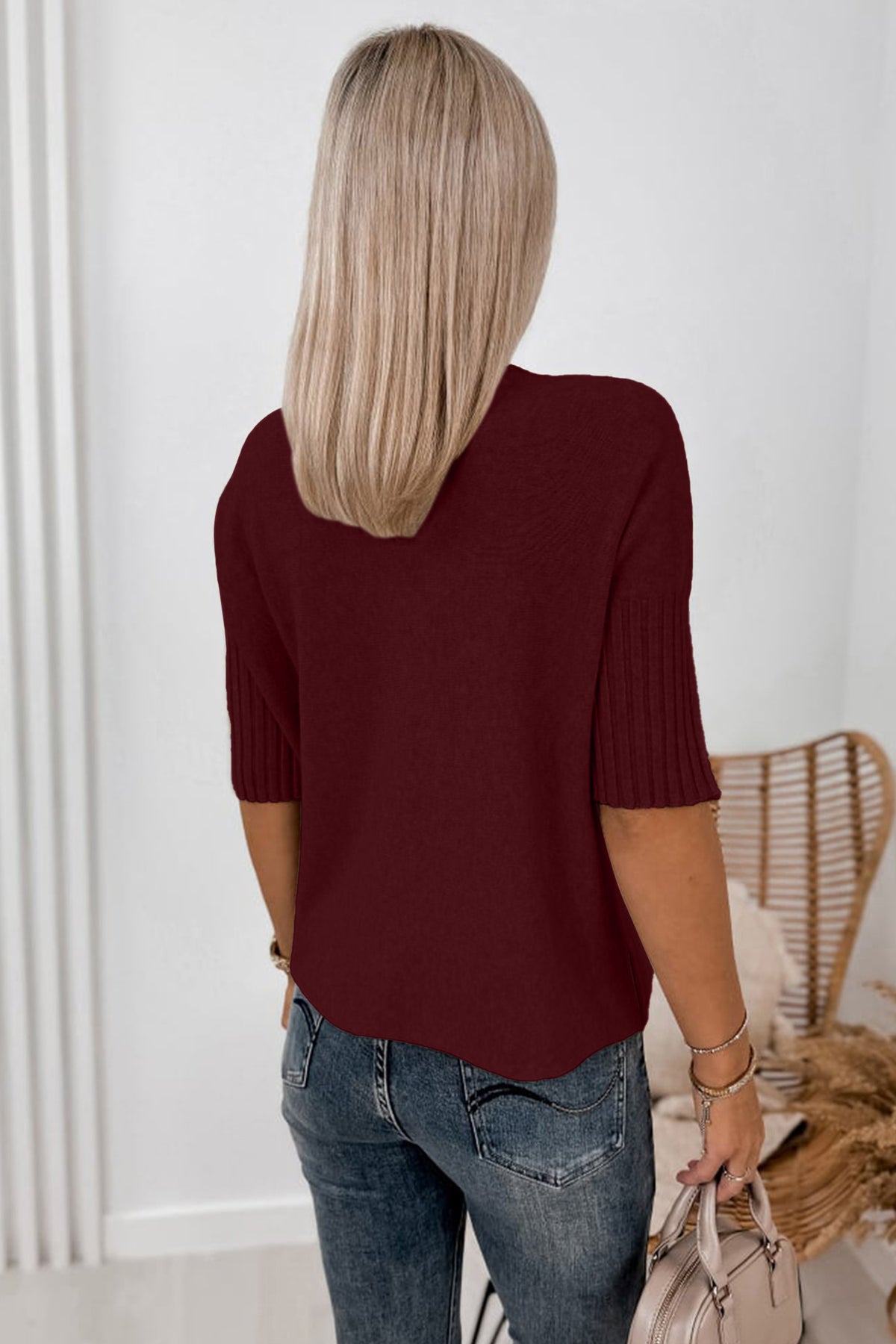 Beige Ribbed Trim High Neck Short Sleeve Casual Sweater