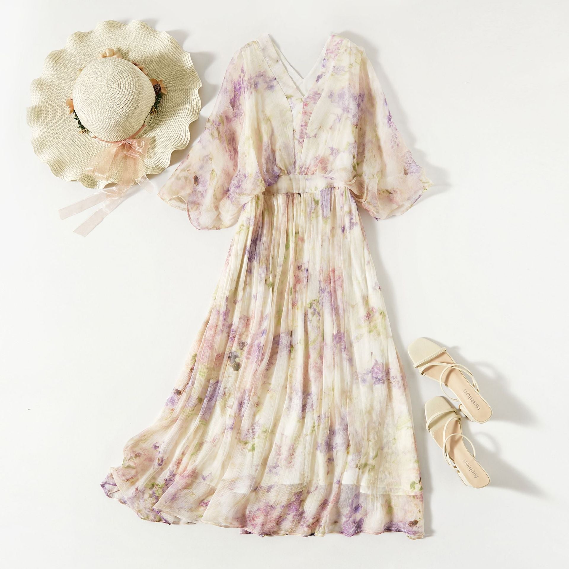 Elegant Silk Dress for Women, Floral Print, Chiffon, Long Beach Dress  Satin Fabric, Summer Dress