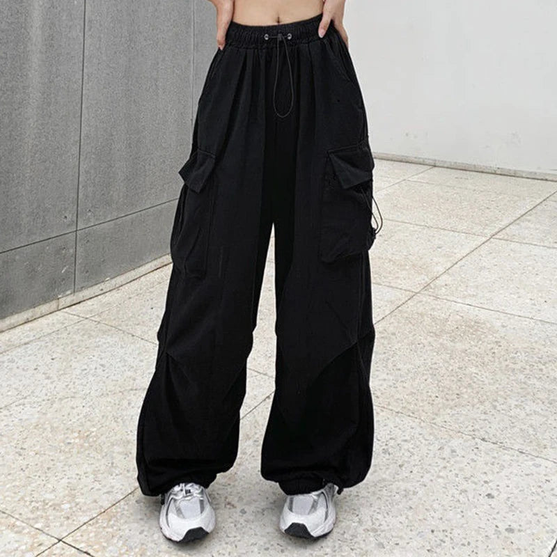 2024 Women Casual Joggers Tech Pants Solid Low Waist Pants Drawstring Wide Leg Baggy Trousers Y2k Streetwear Oversize Sweatpants