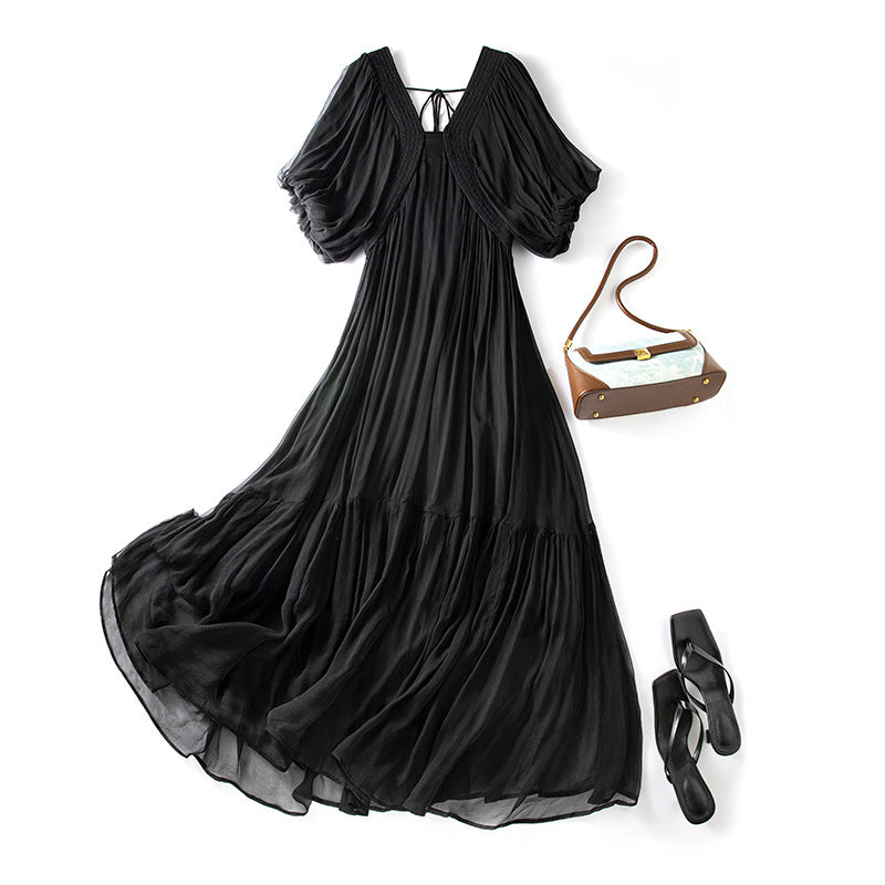 Babier Women's Silk Dress Summer New Style Mulberry Silk Elegant Purple Beach Long Dress