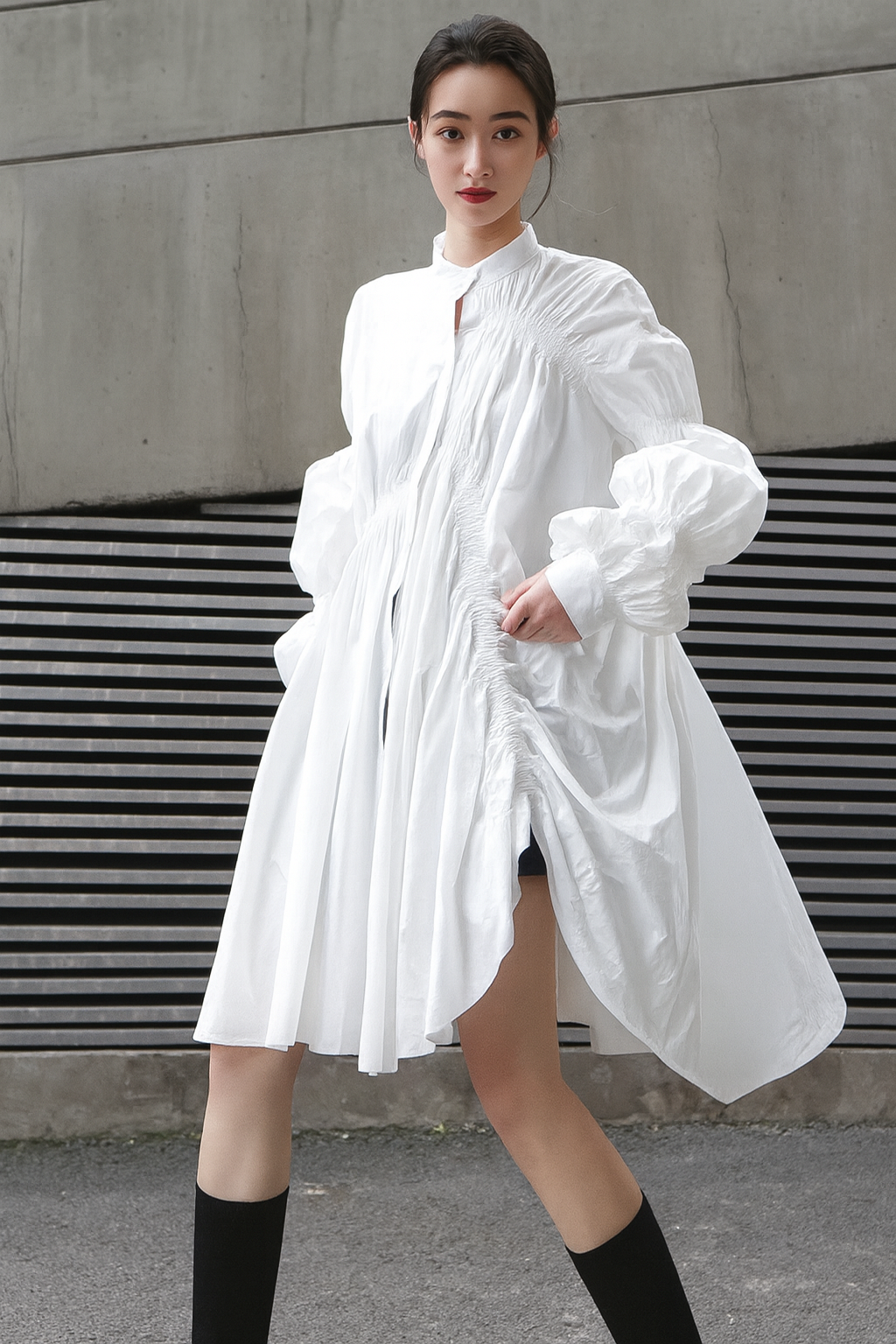 Hotaru Long Sleeve Pleated Shirt Dress - White